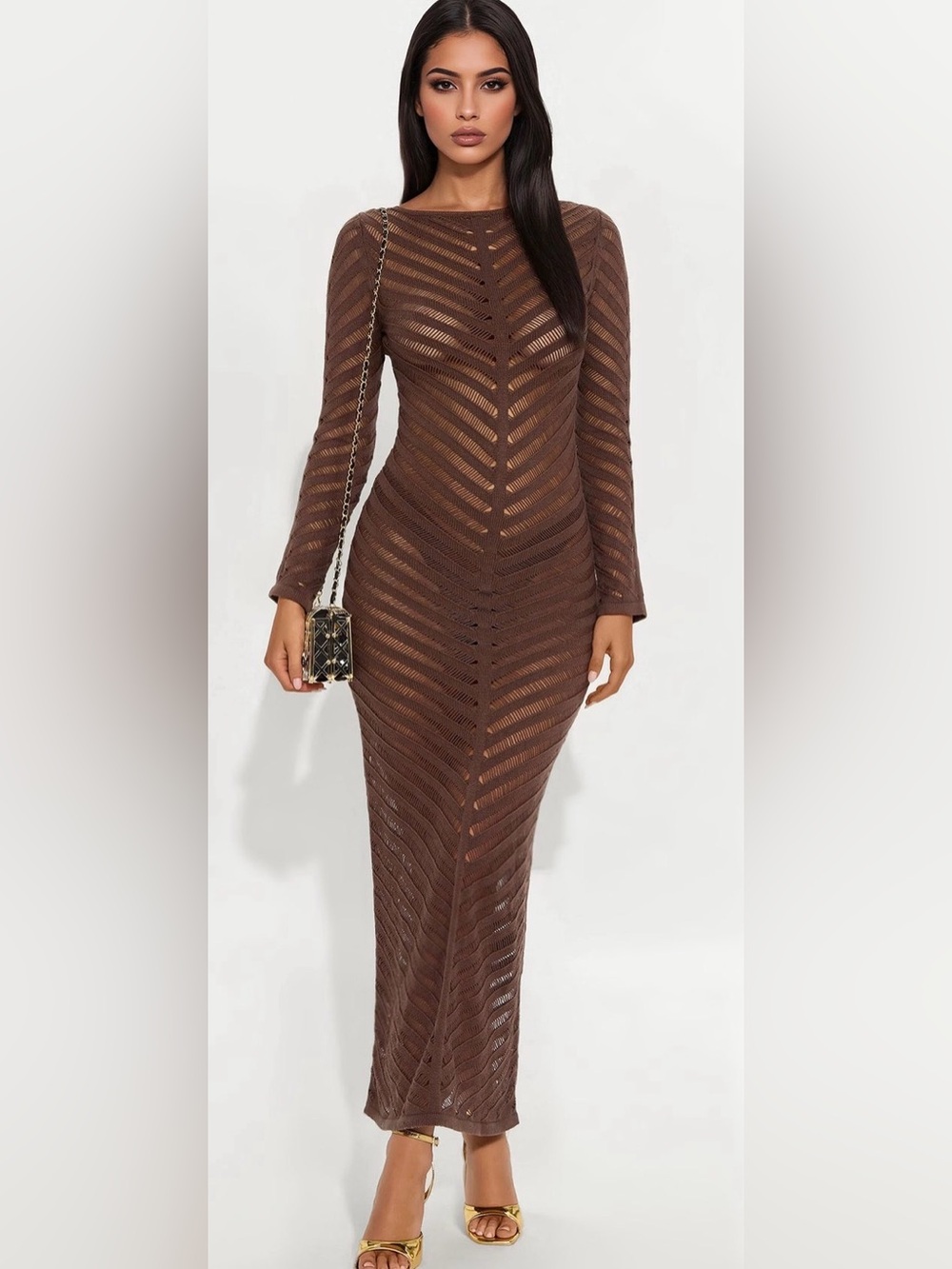 Fashion Nova Brown Sheer Serenity Maxi Dress-Large NWT🤎